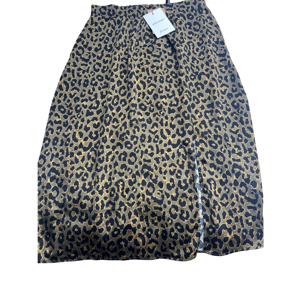 Vero Moda Amela Midi Skirt Brown Leopard Print Elastic Waist Side Slit NWT L